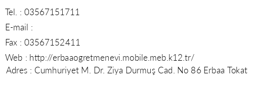 Tokat Erbaa retmenevi telefon numaralar, faks, e-mail, posta adresi ve iletiim bilgileri