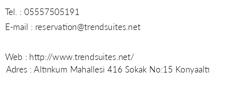 Trend Suites telefon numaralar, faks, e-mail, posta adresi ve iletiim bilgileri