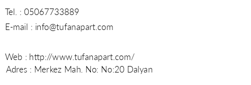 Tufan Apart telefon numaralar, faks, e-mail, posta adresi ve iletiim bilgileri