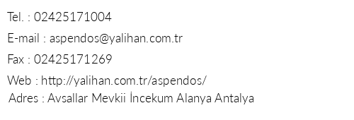 Yalhan Aspendos Hotel telefon numaralar, faks, e-mail, posta adresi ve iletiim bilgileri