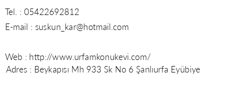 Urfam Konuk Evi telefon numaralar, faks, e-mail, posta adresi ve iletiim bilgileri