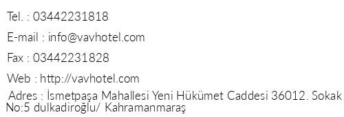 Vav Hotel telefon numaralar, faks, e-mail, posta adresi ve iletiim bilgileri