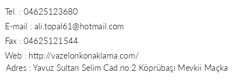 Vazelon Konaklama Tesisleri telefon numaralar, faks, e-mail, posta adresi ve iletiim bilgileri