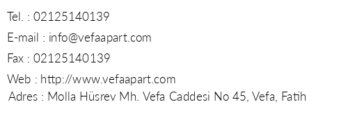 Vefa Apart Otel telefon numaralar, faks, e-mail, posta adresi ve iletiim bilgileri