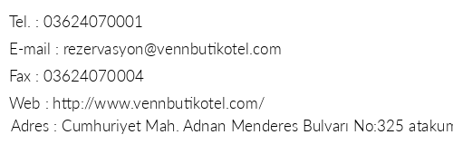 Venn Boutique Hotel telefon numaralar, faks, e-mail, posta adresi ve iletiim bilgileri