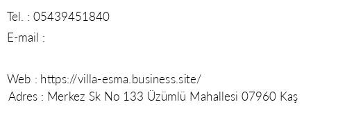 Villa Esma telefon numaralar, faks, e-mail, posta adresi ve iletiim bilgileri