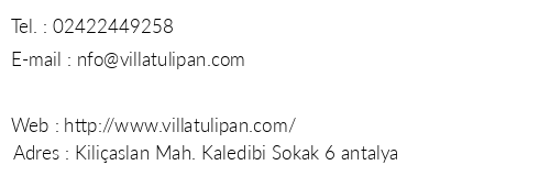 Villa Tulipan telefon numaralar, faks, e-mail, posta adresi ve iletiim bilgileri