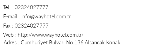 Way Hotel telefon numaralar, faks, e-mail, posta adresi ve iletiim bilgileri