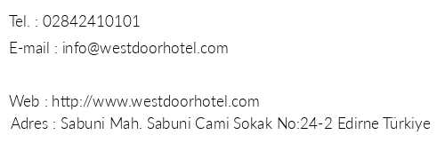 Westdoor Hotel telefon numaralar, faks, e-mail, posta adresi ve iletiim bilgileri