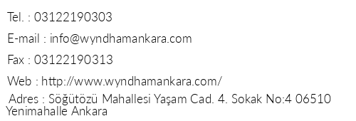 Wyndham Ankara Hotel telefon numaralar, faks, e-mail, posta adresi ve iletiim bilgileri