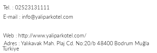 Yalpark Beach Hotel telefon numaralar, faks, e-mail, posta adresi ve iletiim bilgileri